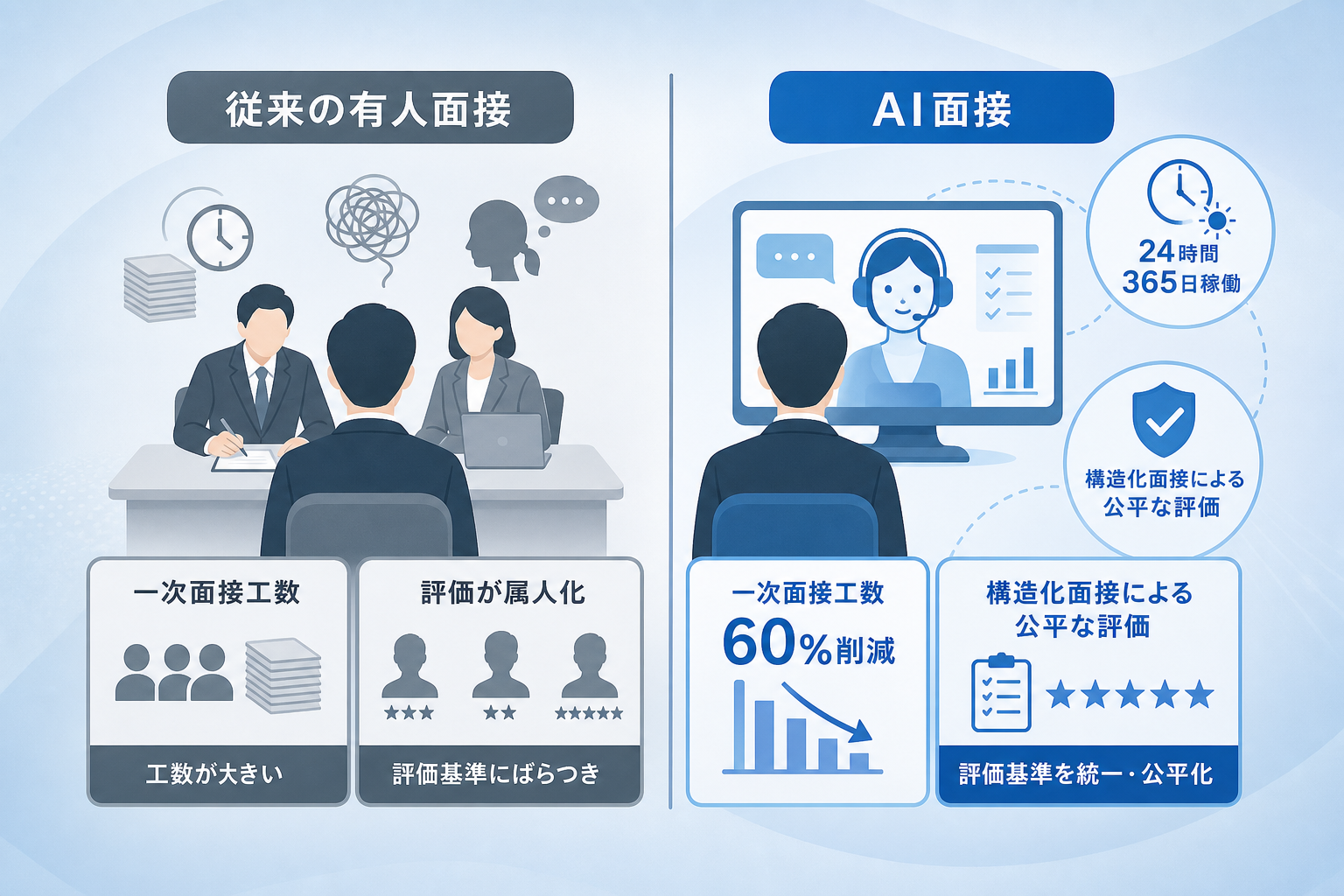 AI面接で一次面接工数を60%削減し、評価の属人化を解消する仕組みとは？