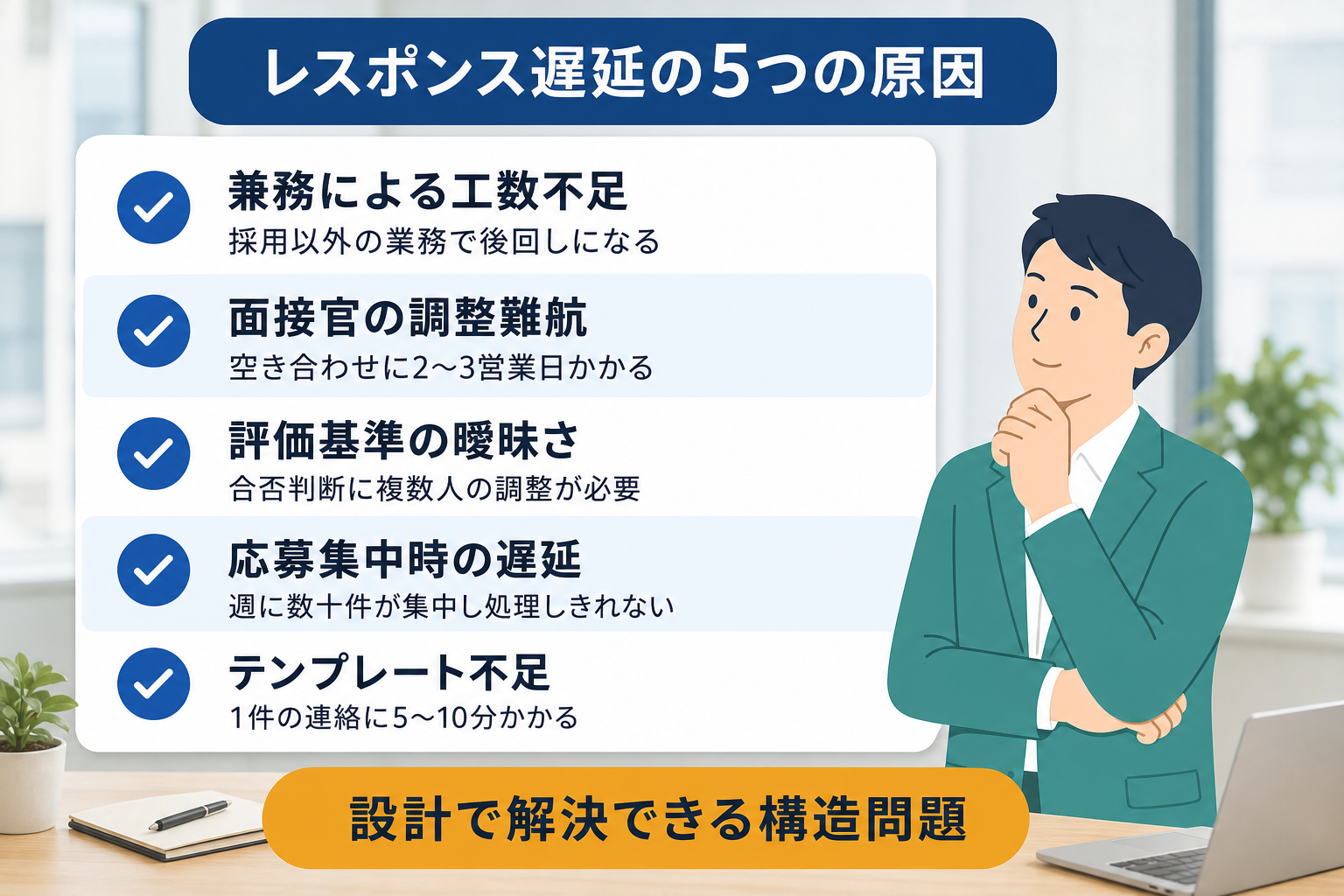 採用担当のレスポンスが遅れる5つの構造的原因を列挙したチェックリスト
