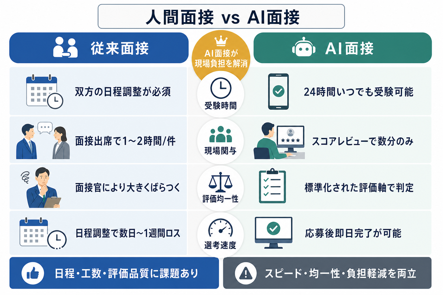 従来の人間面接とAI面接を選考スピード・工数・評価均一性などの軸で比較した表