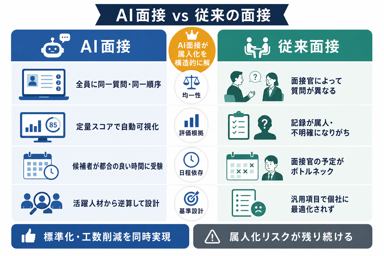AI面接ツールと従来の人による面接を均一性・コスト・記録・スケジュール依存の観点で比較した表