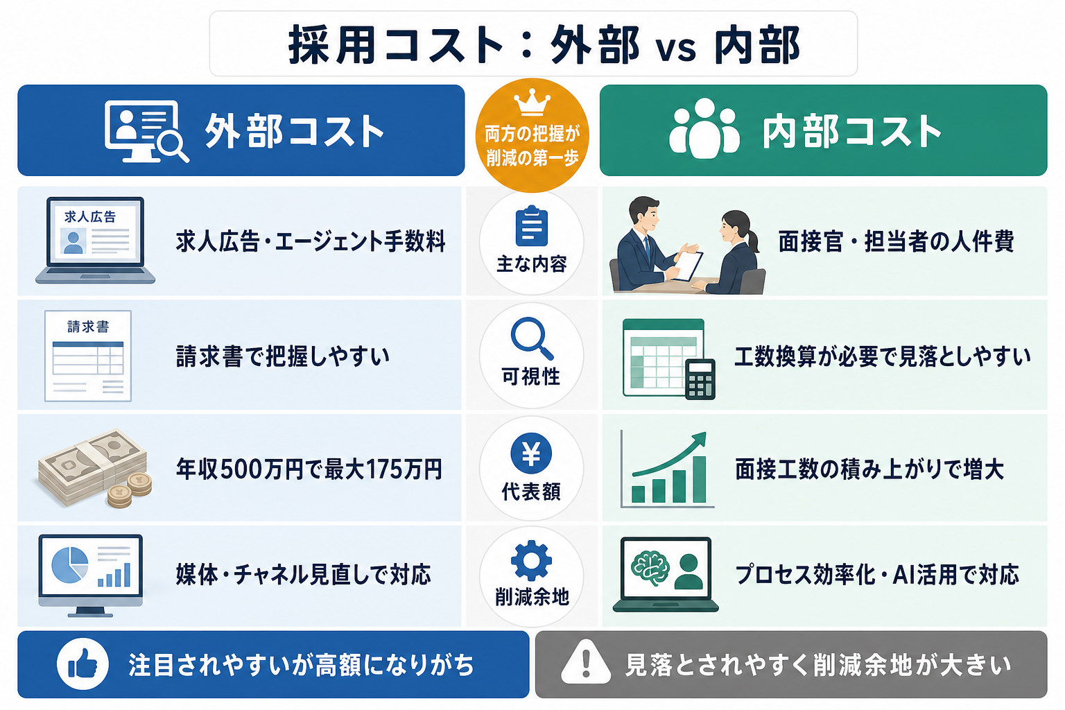 採用コストの外部コストと内部コストを評価軸ごとに比較した表。費用の種類・可視性・削減余地などを対比している。