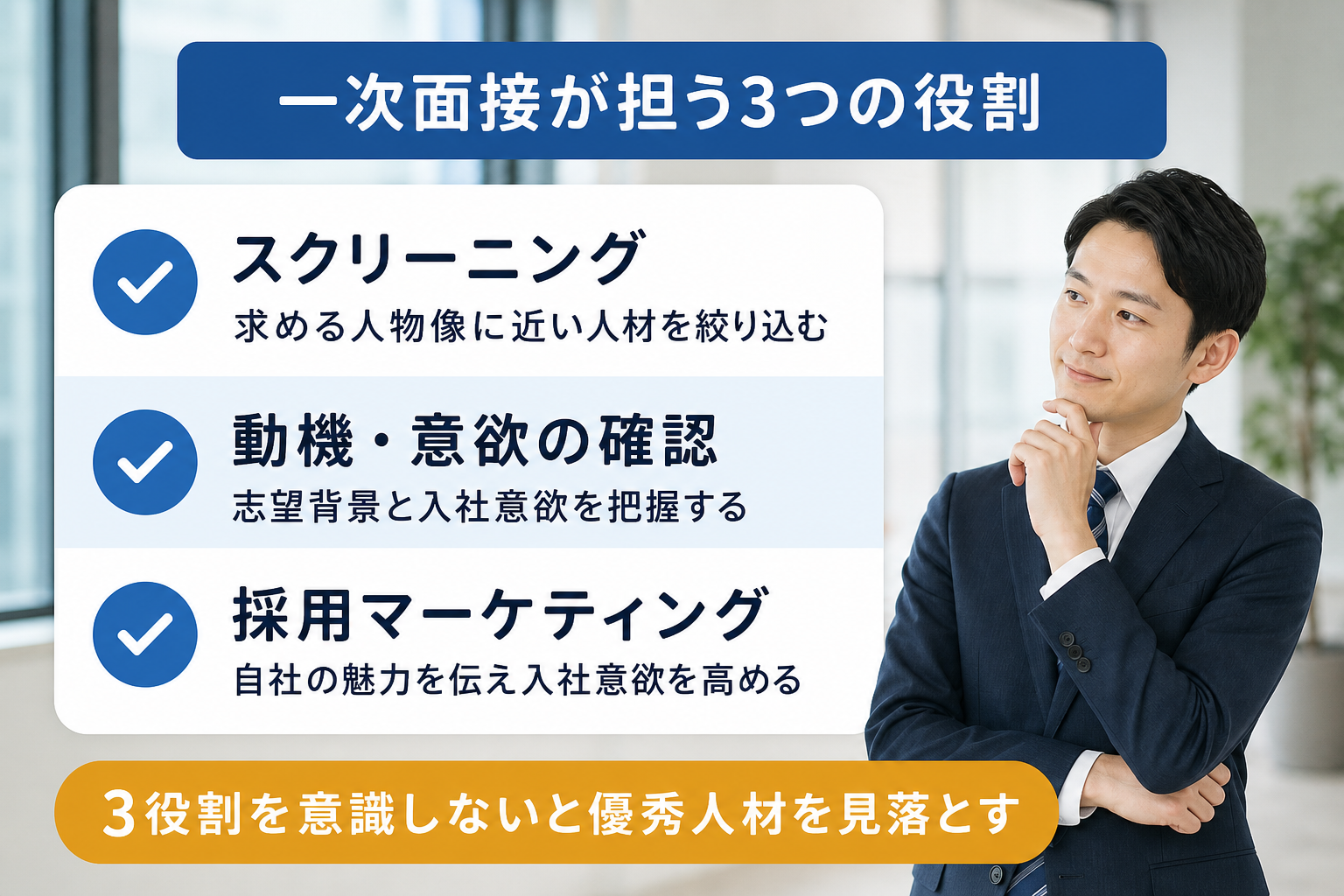一次面接が担う3つの役割:スクリーニング・動機確認・採用マーケティングを示したチェックリスト