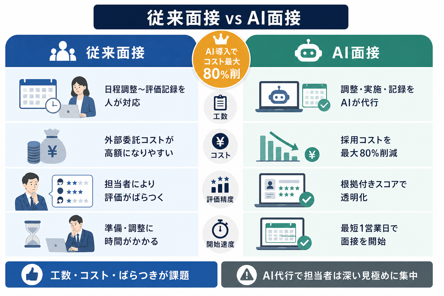 従来の人手による一次面接とAI面接の工数・コスト・評価精度を比較した対比表