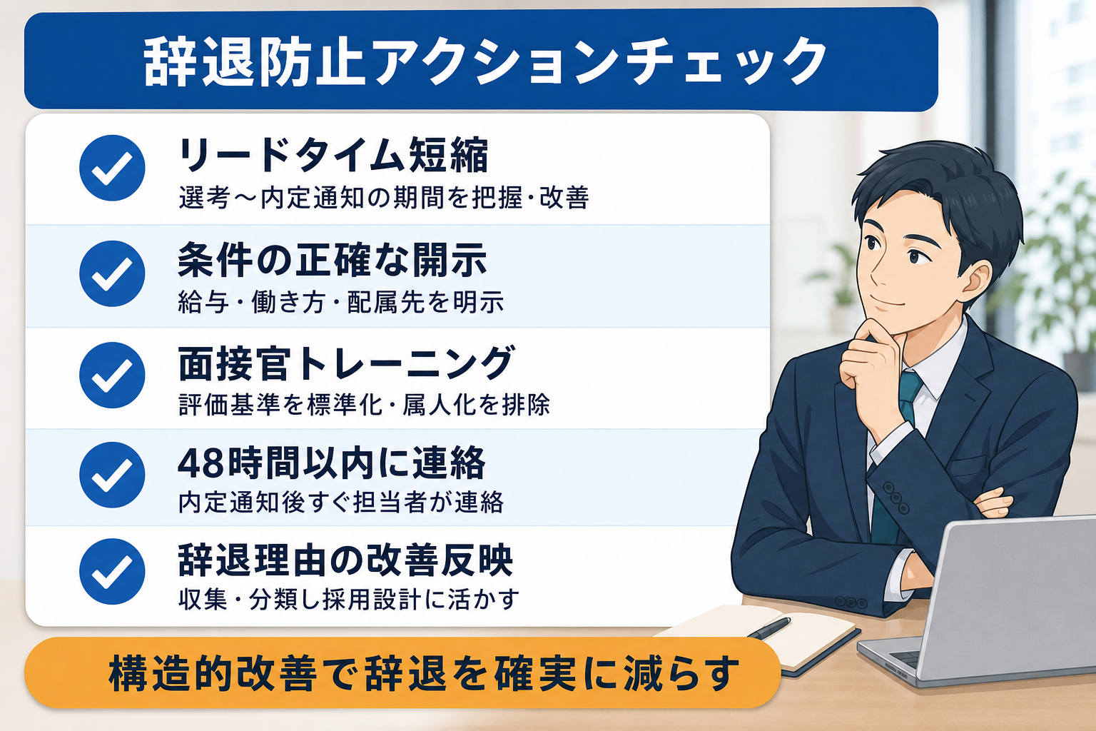 内定辞退ゼロを目指すアクションチェックリストの図解