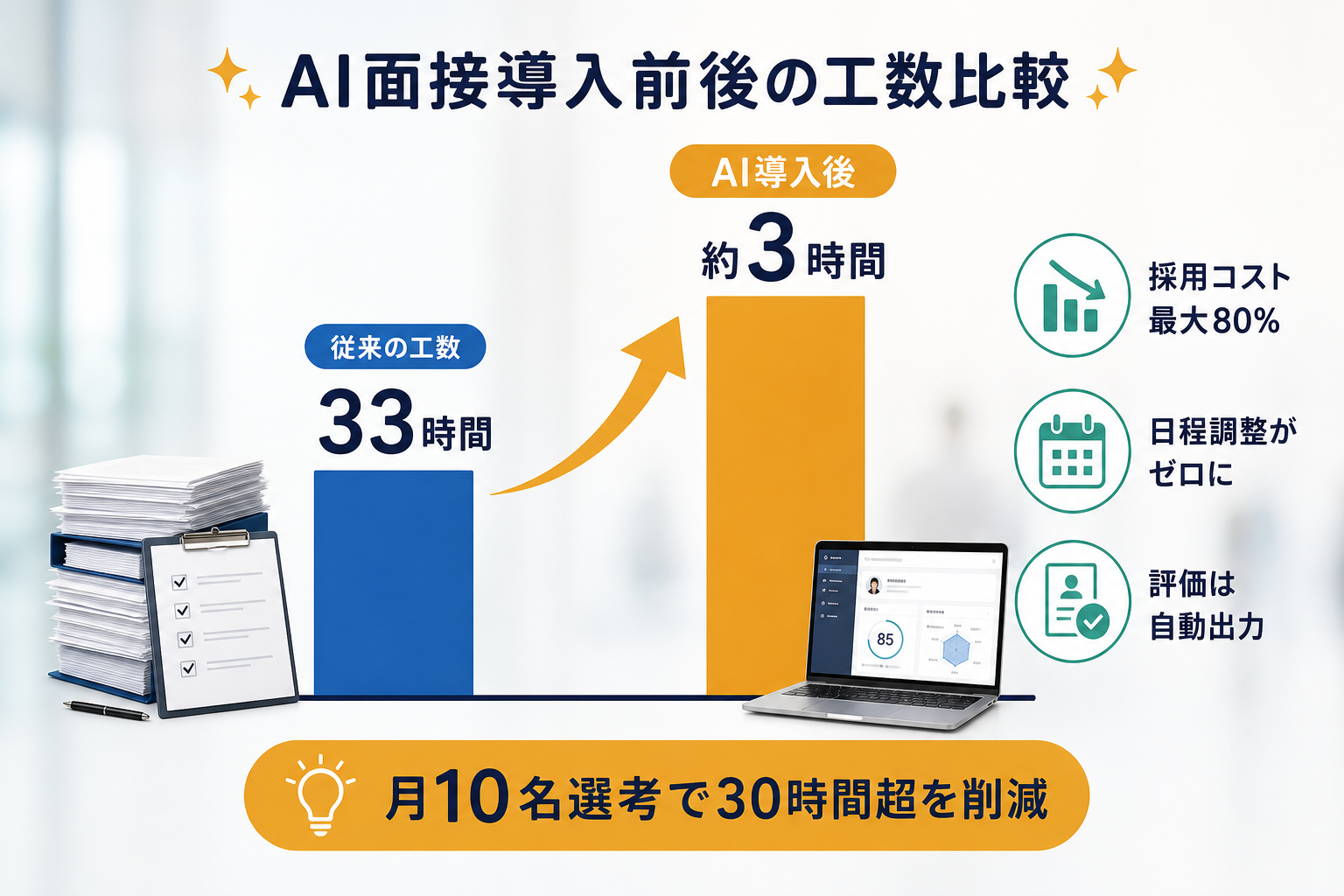 AI面接導入前後の工数比較：月10名選考で従来33時間からほぼ0時間へ約30時間超の削減効果