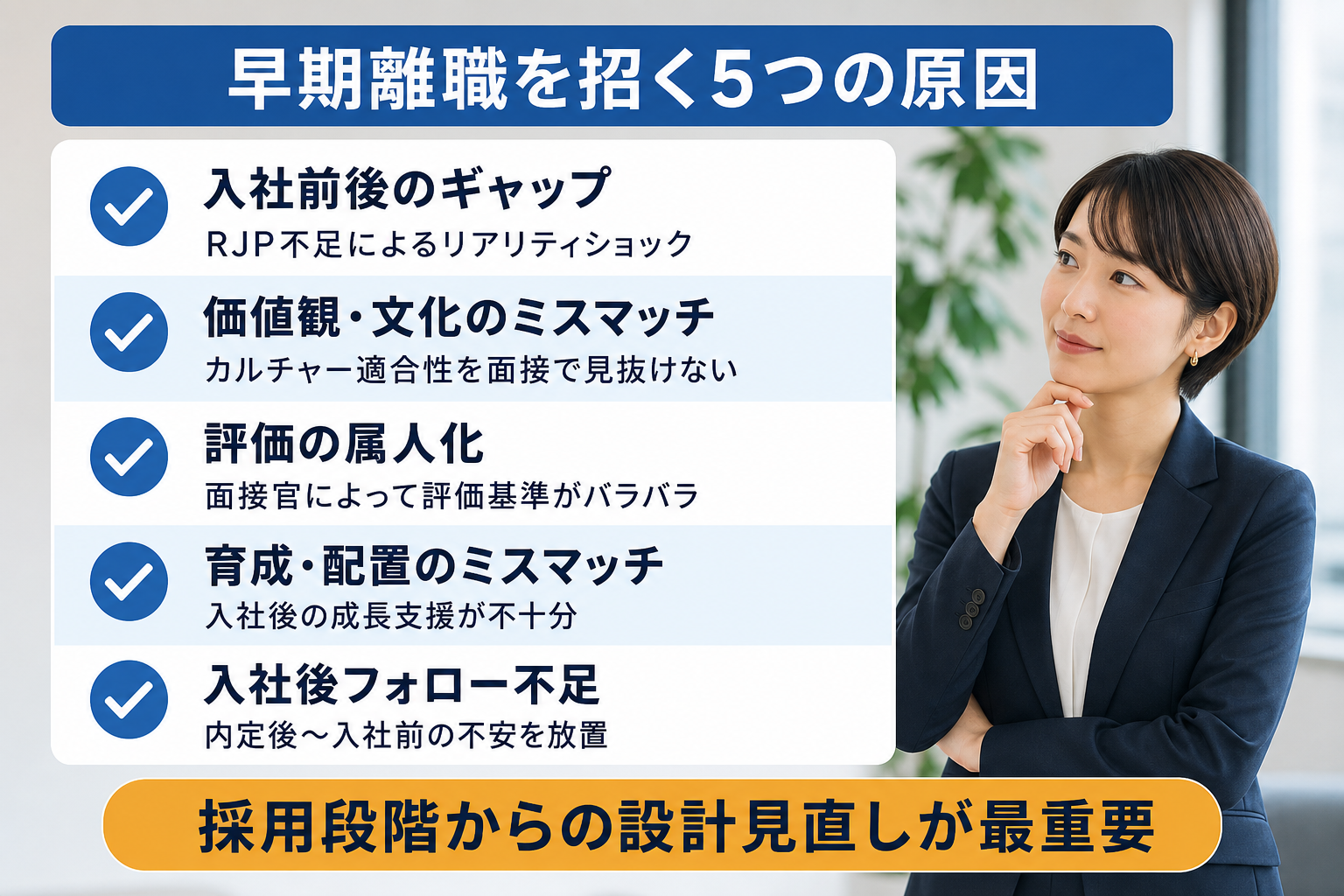 新入社員が早期離職する5つの主な原因:リアリティショック・価値観ミスマッチなど