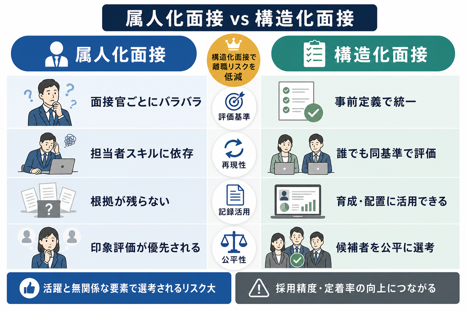 属人化面接と構造化面接の比較:評価基準・再現性・育成活用・公平性の4軸で対比