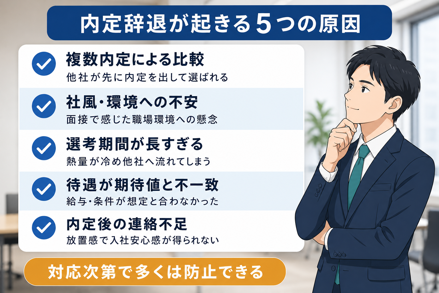 内定辞退の主な原因を5つまとめたチェックリスト形式の図解