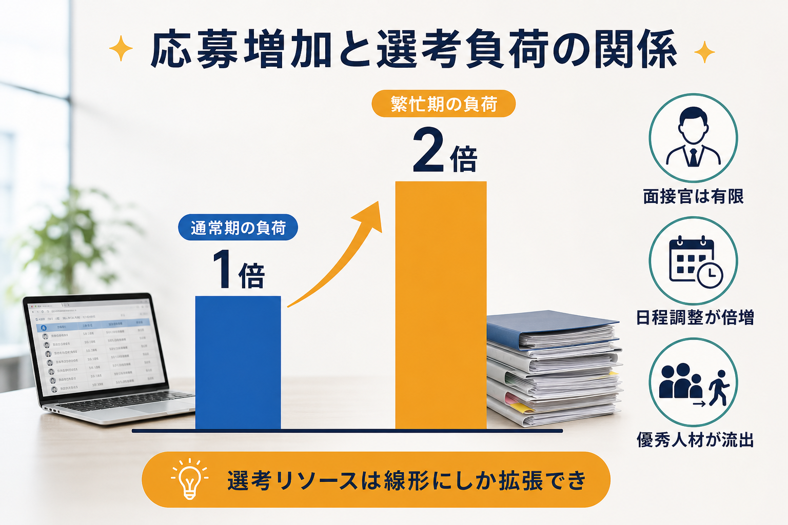 応募者が2倍になると選考負荷もほぼ2倍になることを示す対比図