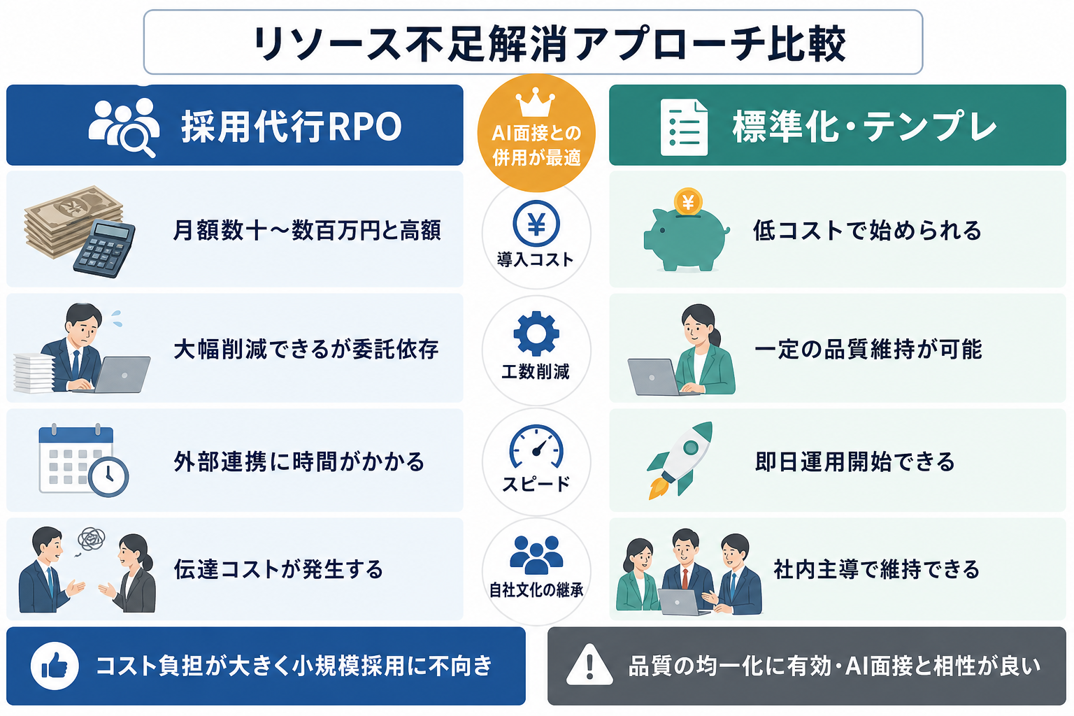 採用リソース不足の3つのアプローチを比較した表。RPO・標準化・AI面接のメリットとデメリットを整理