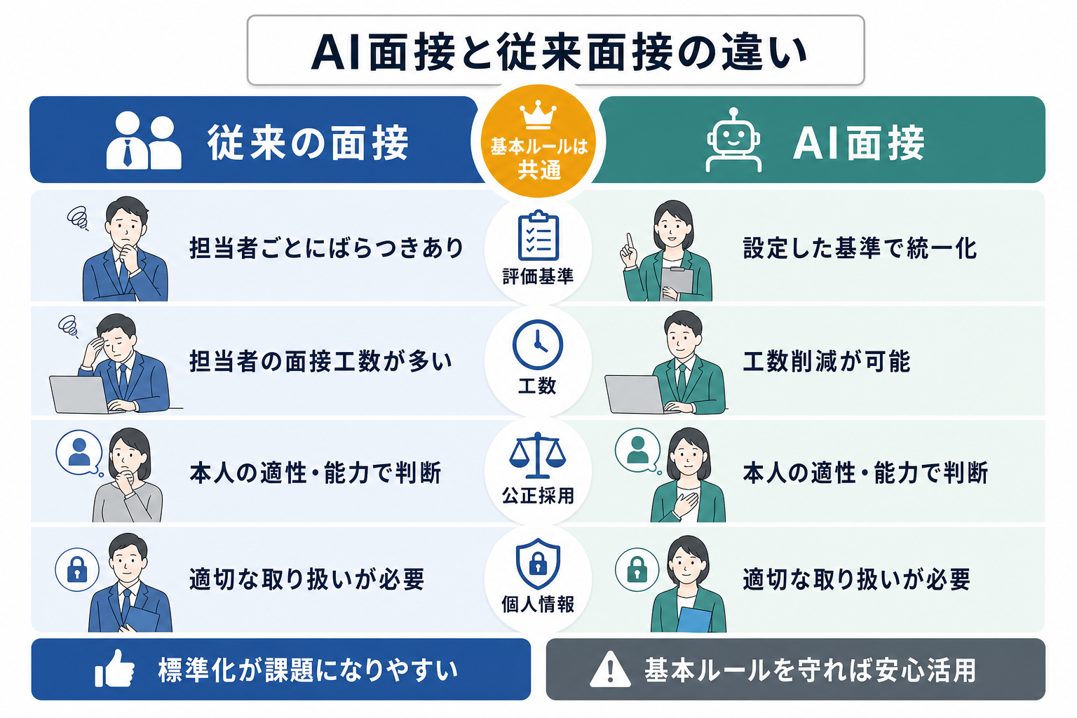 AI面接導入前後で変わること・変わらないことを比較した表
