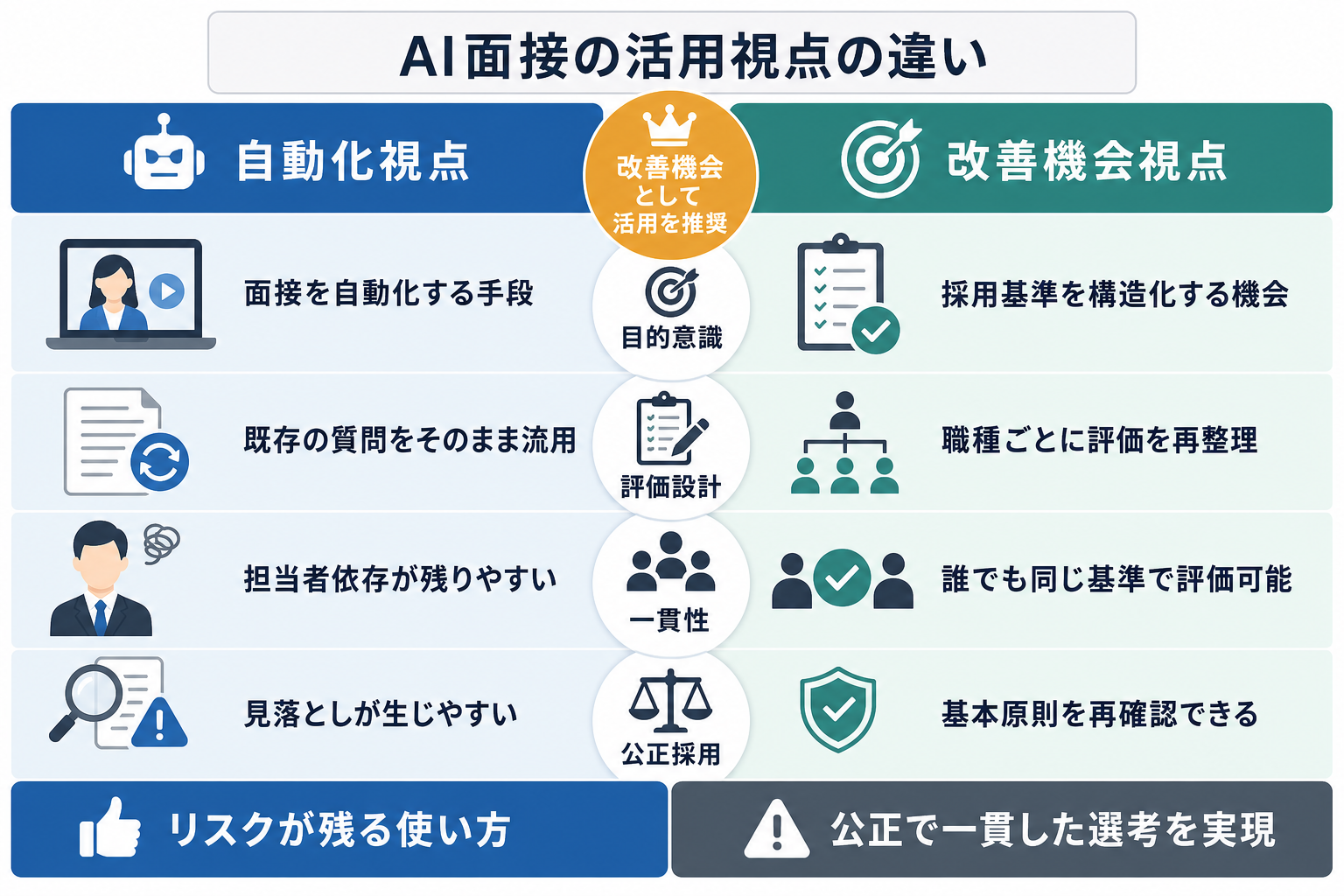 AI面接を自動化ツールとして使う場合と採用改善の機会として使う場合の比較表
